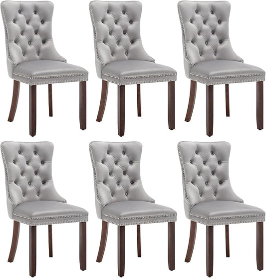 Velvet Dining Chairs Set of 6, Tufted Dining Room Chairs with Nailhead Ring Pull Trim, Upholstered Dining Chairs with Solid Wood Legs for Kitchen Dining Room (Light Grey)