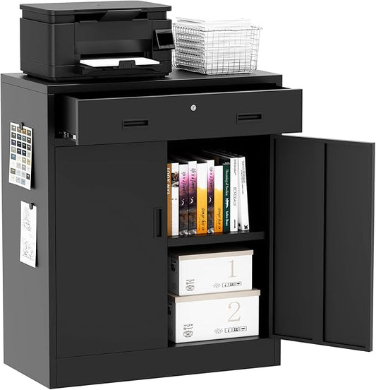 Steel Storage Cabinets，Metal Storage Cabinet with 1 Locking Drawers, Locking Storage Cabinets for Office, Home, Garage, Warehouse 37" H x 31.5" W x 15.7" D (Black)