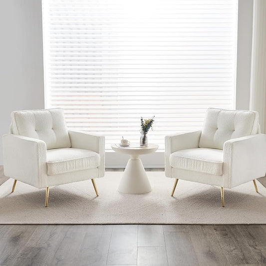 VINGLI Accent Chairs Set of 2 White Living Room Chairs Fluffy Teddy Fabric Mid Century Modern Sofa Chairs with Arms, Gold Legs for Reading, Bedroom, Waiting Room