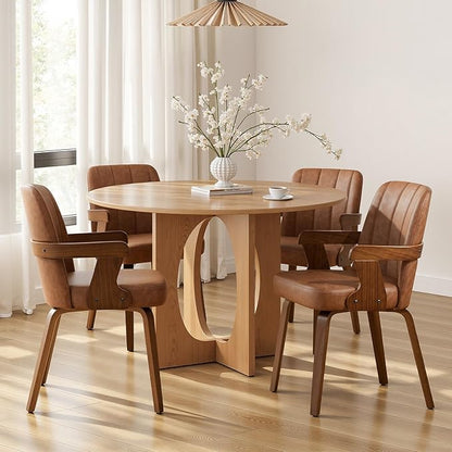Kitchen Dining Chairs Set of 4, Faux Leather Upholstered Dining Room Chairs with Wood Arms and Legs, Mid Century Modern Kitchen Side Chair for Living, Bedroom, Restaurant, Walnut/Brown