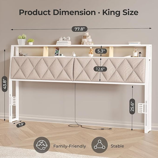 King Headboard Only, Headboard for King Size Bed with Storage, Upholstered Headboards with LED Lights & Charging Station, Attach Frame, Ideal for Bedroom/Dorm/Guest Room, White & Beige