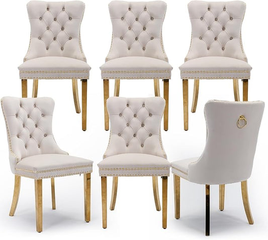 Velvet Upholstered Dining Chairs Set of 6, Modern Style Kitchen Side Chairs with Nailhead Trim and Gold Plated Leg, Metal Pulling Ring for Dining Room Living Room(Beige-Gold Plated Leg)
