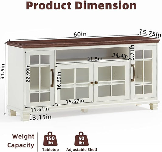 Large Sideboard Buffet Cabinet with Storage, Vintage White Farmhouse 60" Wide Credenza Accent Cabinets with Glass Doors & Wood Legs, Kitchen Coffee Bar Table for Dining Room, Living Room