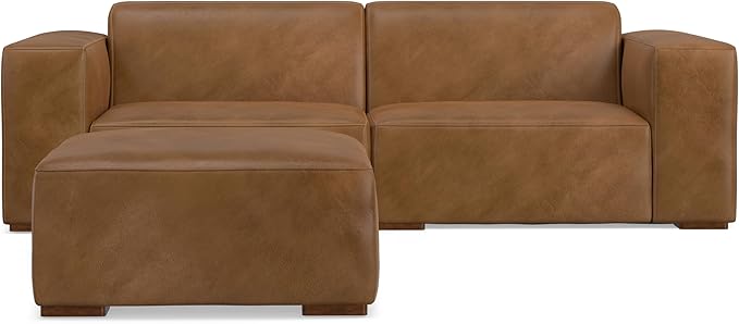 SIMPLIHOME Rex Modular Sofa and Ottoman Set in Full-Grain Genuine Leather, Caramel Brown, 88-inch-Wide 2-Seater Leather Couch and Matching 34-inch-Wide Table Ottoman for Living Room