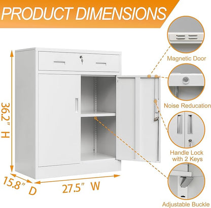 Metal Storage Cabinet with Drawer, 36" H White Locking Metal Cabinet, Adjustable Shelf File Cabinet Cabinet with Doors for Home Office, Garage, Warehouse, Laundry Room, Basement