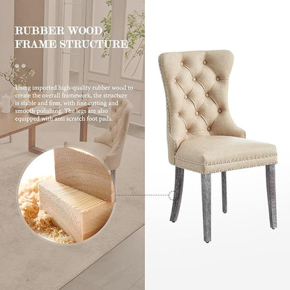 Leather Dining Chair Set of 6, Dining Room Chairs with Nailhead Ring Pull Trim, Upholstered Dining Chairs with Solid Wood Legs for Kitchen Dining Room (Beige)