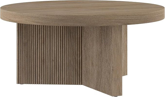 Henn&Hart 32" Fluted Round Low-Profile Coffee Table with Ribbed Pedestal Base for Living Room, Family Room, Office, or Apartment, Antiqued Gray Oak