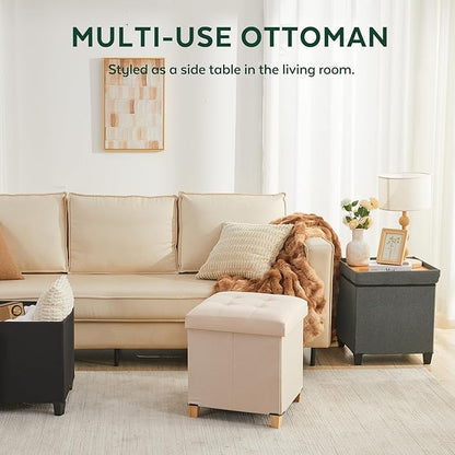 17.7" Ottoman with Storage, Square Storage Ottoman for Dorm, Linen Ottomans with Legs for Living Room, Bedroom, Black