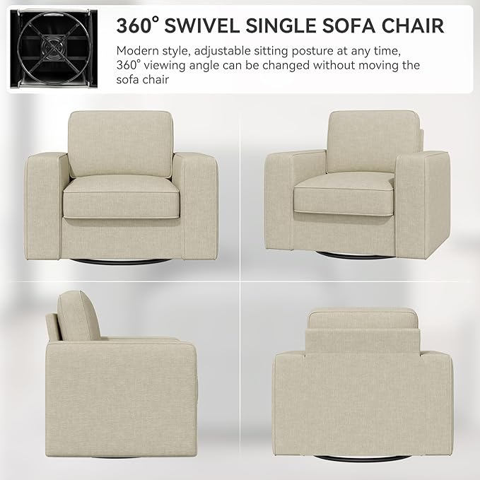 360 Degree Rotation Swivel Accent Sofa Chairs Set of 2, 36'' Width Oversized Armchairs in Linen Living Room,Reading,Office(Beige)