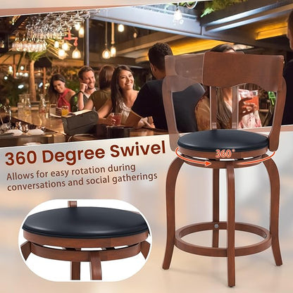 COSTWAY Bar Stools Set of 4, 24 Inch Swivel Counter Height Chairs with Rubber Wood Frame, Upholstered Seat, High Back Barstools for Kitchen Island, Home Bar, Pub, Brown (4, Seat Height: 24”)