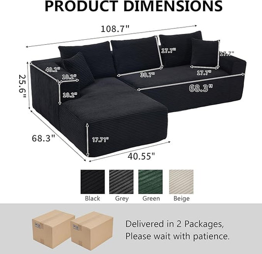 PELUMY 108.7" L-Shaped Modular Sectional Sofa with Oversized Chaise, Cloud Couch with Memory Foam, No Assembly Required Sleeper Sofa for Small Space Living Room, Apartment (Black, Corduroy)
