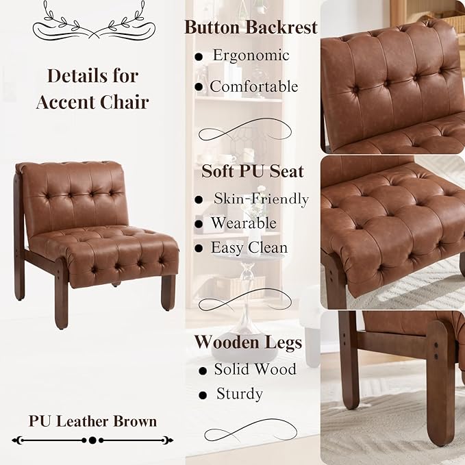 HEAH-YO Accent Chair Set of 2,Modern Vintage Living Room Chair for Bedroom with Button Tufted Back and Wood Legs,Upholstered Comfy Reading Chair for Makeup Vanity Cafe,PU Brown