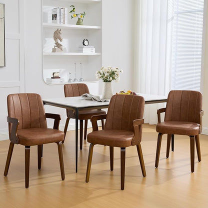 Kitchen Dining Chairs Set of 4, Faux Leather Upholstered Dining Room Chairs with Wood Arms and Legs, Mid Century Modern Kitchen Side Chair for Living, Bedroom, Restaurant, Walnut/Brown