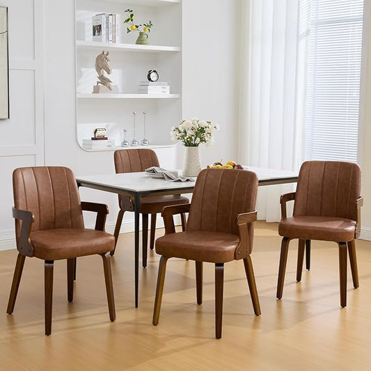 Kitchen Dining Chairs Set of 4, Faux Leather Upholstered Dining Room Chairs with Wood Arms and Legs, Mid Century Modern Kitchen Side Chair for Living, Bedroom, Restaurant, Walnut/Brown