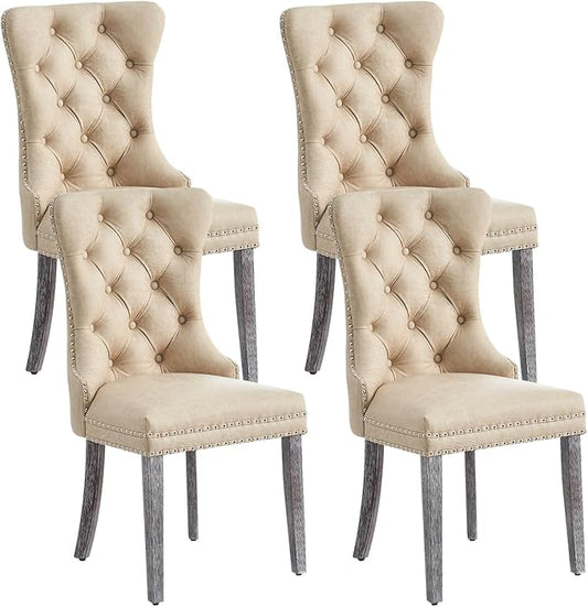 Leather Dining Chair Set of 4, Dining Room Chairs with Nailhead Ring Pull Trim, Upholstered Dining Chairs with Solid Wood Legs for Kitchen Dining Room (Beige)