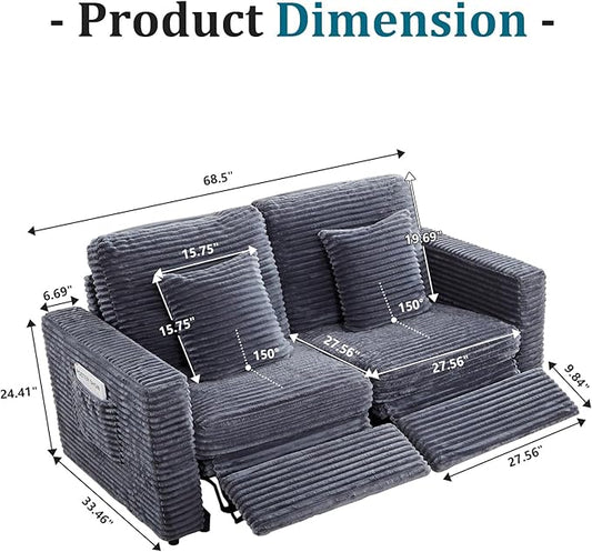 Power Reclining Sectional Sofa, Electric Loveseat Recliner with 2 Electric Footrest and Adjustable Headrest, Modern Plush Corduroy Fluffy Reclining Sectional with Deep Seat for Living Room-Blue Grey