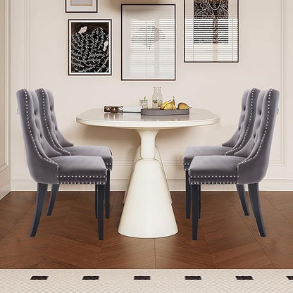 Velvet Upholstered Dining Chairs Set of 4, Modern Style Kitchen Side Chairs with Nailhead Trim and Wood Legs,Metal Pulling Ring for Dining Room Living Room(Grey,Set of 4)
