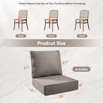 Luxury 6" Outdoor Cushions for Patio Furniture, 24x24x6" Thick Seat Cushion Set of 8, Fade Resistant Couch Chair Replacement Cushions High Density Deep Wicker Chair Cushion w/ Removable Cover Gray