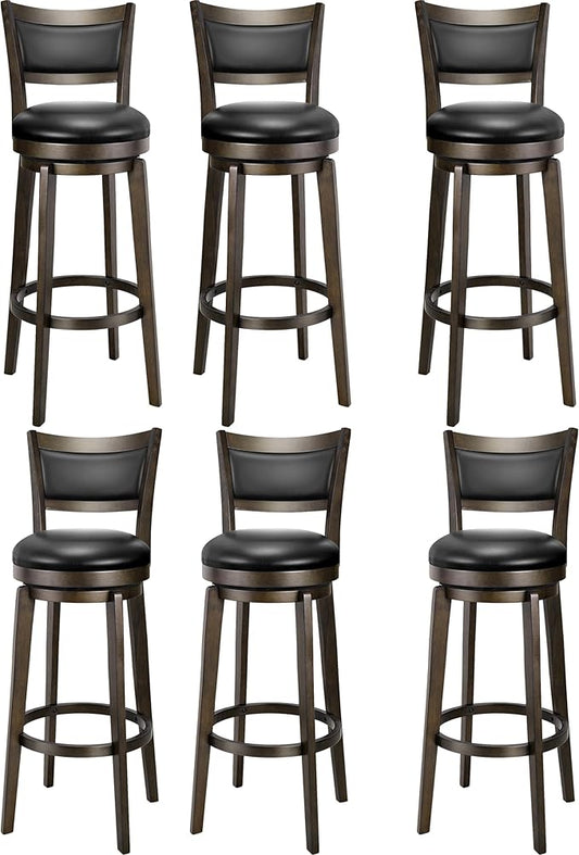 PrimeZone Swivel Bar Stools Set of 6, 34 Inch Extra Tall Bar Height Barstools, Black Faux Leather Bar Stool with High Backrest, Solid Wood Leg, Wrap-Around Footrest, Counter Stools for Pub