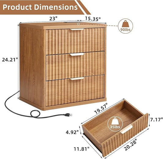 LEYAOYAO Fluted Nightstand with Charging Station, 23" Modern Night Stand with Woodgrain Top, 3 Drawers End Table w/Storage, Bedside Tables for Bedroom, Living Room, Curved Profile Design,Brown