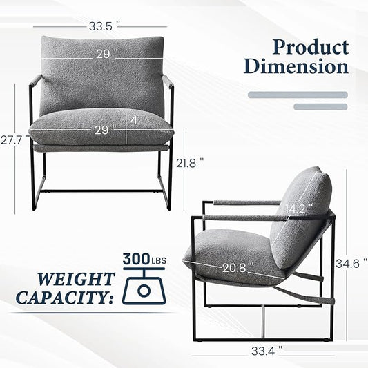 Furnilivng Large Sling Accent Chair Set of 2, Comfortable Boucle Fabric Arm Chair, Upholstered Cozy Reading Chair for Living Room, Bedroom, Dressing Room, Home Office, Grey