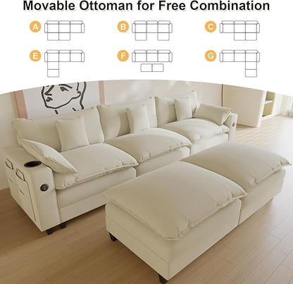 Cloud Couch, Modular Sectional Sofa with Ottoman, Charging Station, Throw Pillows, Cup Holders, Modern Convertible L Shaped Couches for Living Room, Bedroom (White, 116"- U Shape)