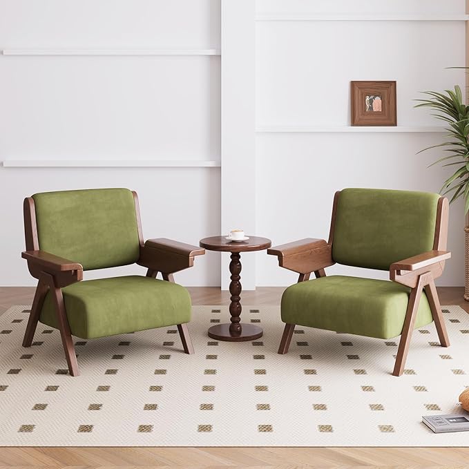 Mid Century Modern Accent Chair Set of 2, Fabric Upholstered Lounge Arm Chairs with Solid Wood Frame for Living Room, Bedroom, Office, Reading Corner (Green)