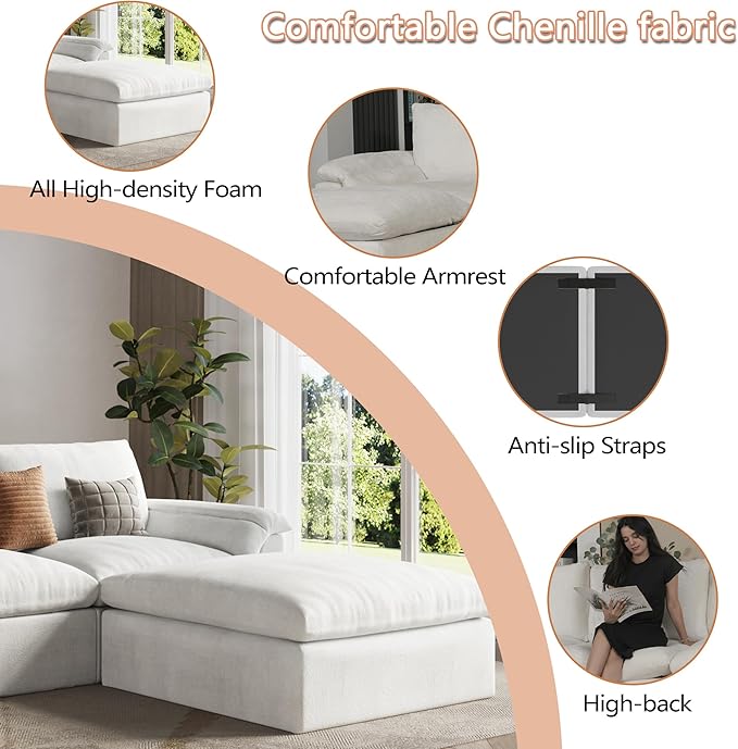 EASE MOOSE Oversized Cloud Couch Sectional Sofa, L-Shaped Modular Couch for Living Room, Minimalist Boneless Convertible Couches, 5-Seat Deep Sofas for Bedroom, Chenille (White)