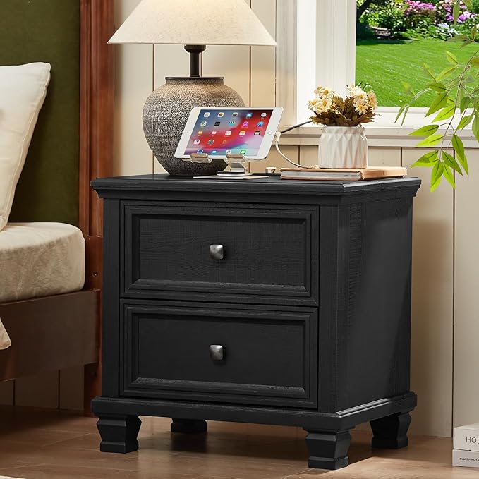 Farmhouse Bedroom Dresser and Nightstand Set of 4, 6 Drawer Low & 5 Drawers Dresser & 2 Drawer Nightstand Set, Rustic Wood Bedroom Furniture Set for Livingroom, Hallway, Black