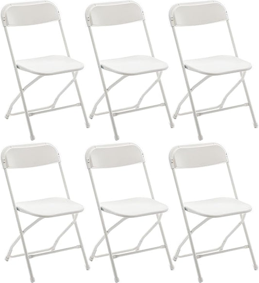 BTEXPERT Set of 6, Indoor Outdoor White Plastic Folding Chairs Stacking Steel Frame Commercial 650LB Weight Capacity Seating Home Yard Garden Wedding Event Party Picnic Dining Church School Portable