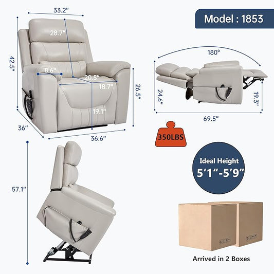 Power Lift Recliner Chair for Elderly People, Dual Motor Lay Flat Recliner with Vibration Massage and Heat, Heavy Duty Motion Mechanism Standing Assistance Reclining Chair, Faux Leather Light Gray