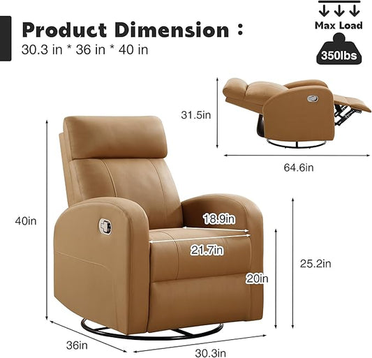 Swivel Rocker Recliner Chair, Manual Leather Recliner, Glider Rocking Recliner Chair 360°Swivel Nursery Reclining Chair for Living Room, Light Brown