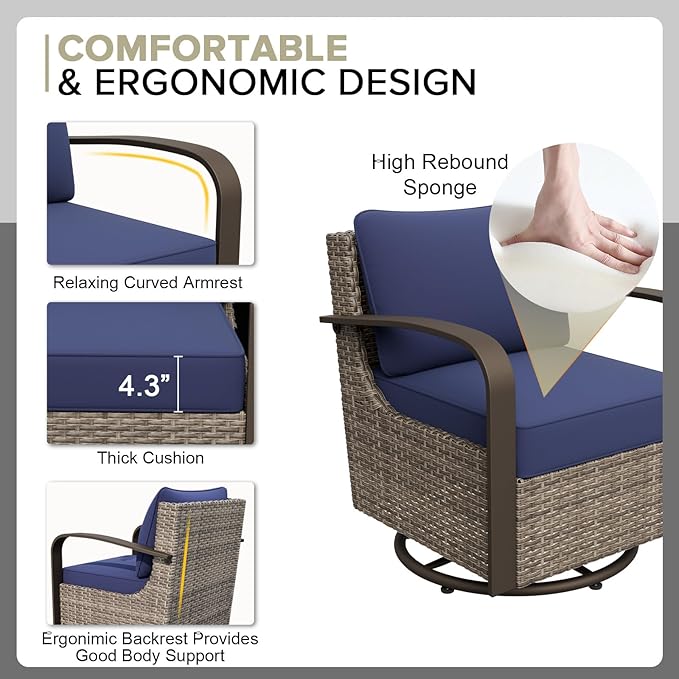 COOS BAY Aurora Terrace Half-Moon Outdoor Furniture Set, Rattan Conversation Set with Swivel Rockers, Curved 5-Seat Sofa, Coffee Table, Seats 7, Beige/Blue
