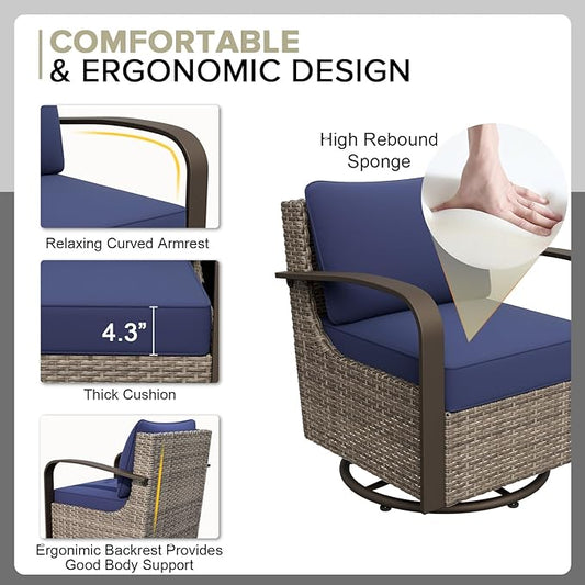 COOS BAY Aurora Terrace Half-Moon Outdoor Furniture Set, Rattan Conversation Set with Swivel Rockers, Curved 4-Seat Sofa, Coffee Table & Side Table, Seats 6, Beige/Blue