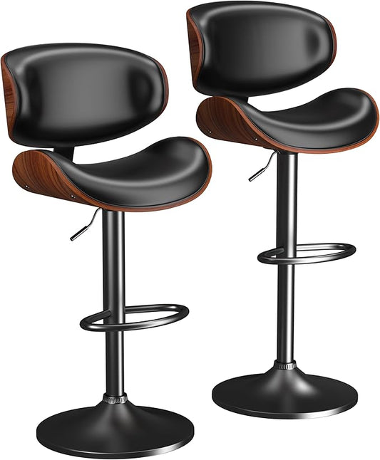 Bar Stools Set of 2, Bar Stools for Kitchen Island with Bentwood Back and Leather Seat, Swivel Barstools for Kitchen Counter, Bar, Black