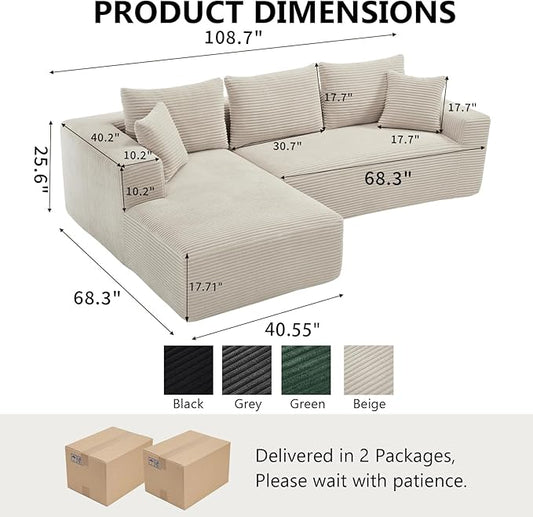 PELUMY 108.7" L-Shaped Modular Sectional Sofa with Oversized Chaise, Cloud Couch with Memory Foam, No Assembly Required Sleeper Sofa for Small Space Living Room, Apartment (Beige, Corduroy)