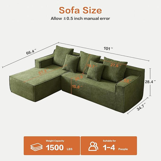 Modular Sectional Sofa, Boneless Cloud Sectional Couch with L-Shaped Lounge Chair, Soft Compressed Couch Memory Foam Sofa for Living Room, No Assembly Required (Green, Velvet)