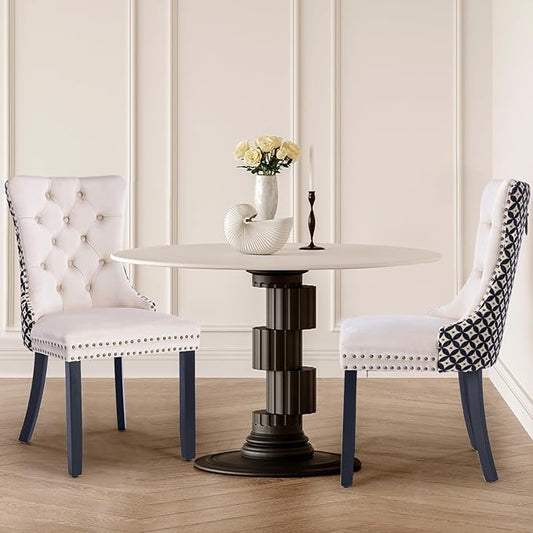 Velvet Upholstered Dining Chairs Set of 2, Modern Style Kitchen Side Chairs with Nailhead Trim and Wood Legs,Metal Pulling Ring for Dining Room Living Room(Quadrangular Star&Beige)