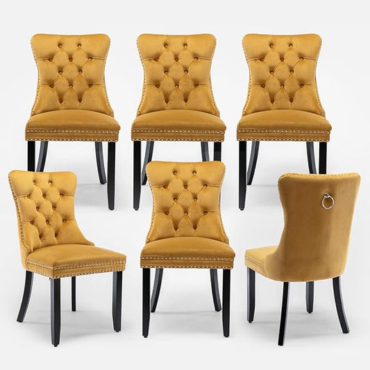 Velvet Upholstered Dining Chairs Set of 6, Modern Style Kitchen Side Chairs with Nailhead Trim and Wood Legs,Metal Pulling Ring for Dining Room Living Room(Gold,Set of 6)
