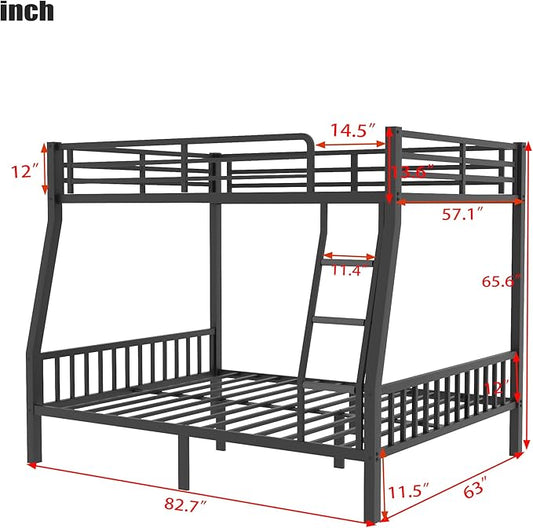 Upgraded Version Thicken Metal Full XL Over Queen Bunk Bed, Stronger Heavy Duty Steel Bunk Bed Full Over Queen Size, Best Bunkbed Frame for Adults, Easy Assembly, Black (Full XL Over Queen)