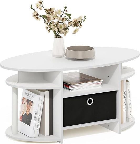 Furinno Jaya Coffee Table, Oval Modern Coffee Table with Shelves and Storage Bin, Side Table, for Living Room, Bedroom, Home Office, White