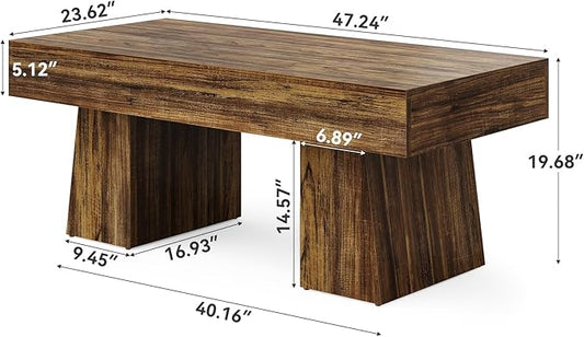 LITTLE TREE Farmhouse Coffee Table, 47 Inches Living Room Table, Rectangular Wooden Accent Center Tables with Thick Base, Modern Low Cocktail Tea Furniture for Living Room (Walnut Brown)
