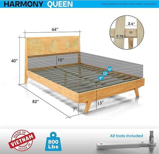 ACACIA Harmony Queen Platform Bed Frame – Solid Rubber Wood, Natural Oak Finish, Mid-Century Design, Signature Circular Wood Texture, 800lbs Support, No Box Spring Needed, Easy Assembly, Easy Assembly