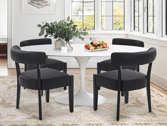 Modern Black Dining Chairs Set of 4, Faux Leather Upholstered Kitchen & Dining Room Chairs, Mid Century Modern Wooden Dining Chairs Oversized Sturdy Rounded Chairs Curved Back