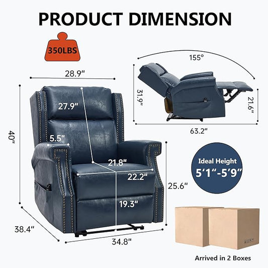 Manual Recliner Chair with Massage & Lumbar Heat, Breathable Leather Reclining Chair for Adults, Humanized Design Easy to Install Living Room Recliners Blue