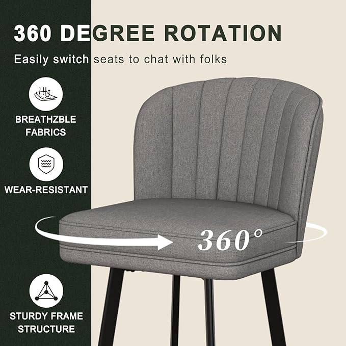 Swivel Counter Height Bar Stools Set of 4, 26'' Modern Barstools with Backs and Metal Legs, Upholstered Bar Chairs,Mid-Gray,Fabric Stools for Kitchen Island Chairs