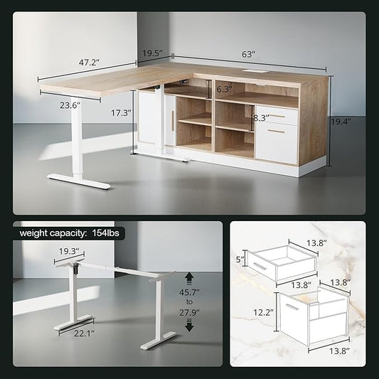 67" Standing Desk with 2 File Cabinets, AC/USB, 1.18" Desktop, L Shaped Height Adjustable Electric Stand Up Desk, Multiple Functions for Home and Office, Light Walnut