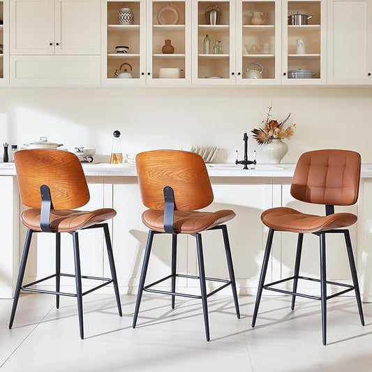Mid Century Modern Bar Stools Set of 3 for Kitchen Island,Upholstered Brown Faux Leather Counter Height stools,26 Inch Counter stools with Walnut Grain Back