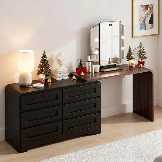 6 Drawer Dresser with Extendable Table, L-Shaped Desk & Vanity Combo, 47" Wood Dresser & Chest of Drawers, Modern Closet Clothes Storage Dressers Organizer for Bedroom Living Room Hallway, Black