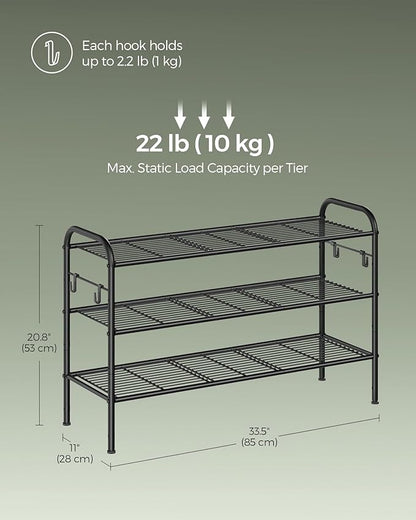SONGMICS Shoe Rack, 3-Tier Shoe Organizer, Metal Shoe Shelf Storage with 4 Side Hooks, Holds 15 Pairs of Shoes, Height-Adjustable Shoe Rack for Entryway, Hallway, Closet, Easy Assembly, Ink Black